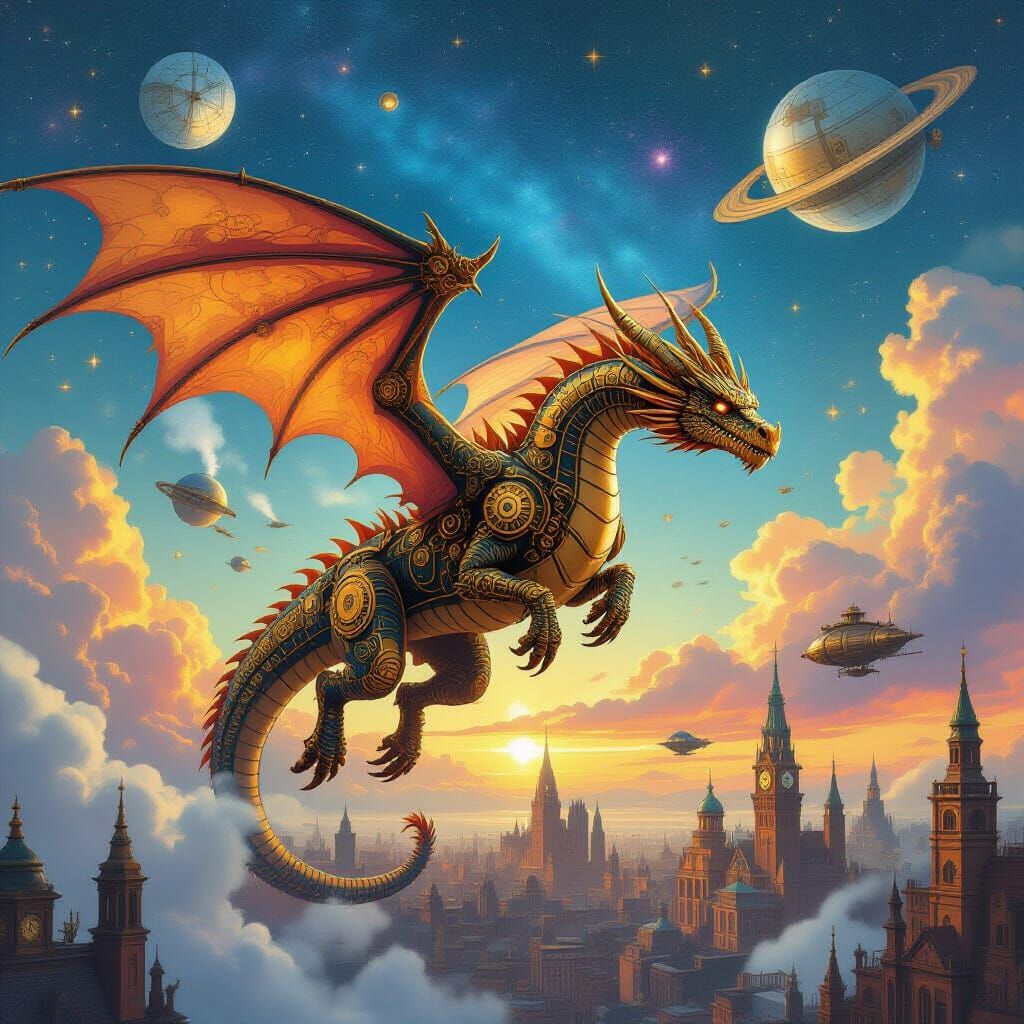 A majestic steampunk dragon soaring through a sky filled with clockwork planets and nebulae. Gears and brass plating adorn its scales, emitt...