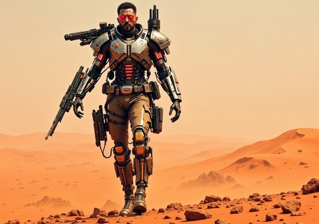 <lora:Cyborgs Flux:1.0> Mostly robotic cyborg soldier, many cyberneric implants, on a desrtic foreign planet, heavily armed