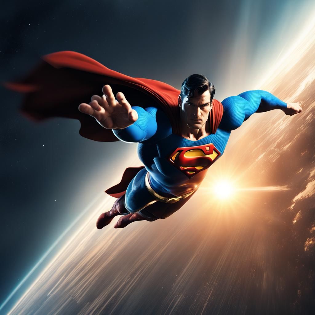 Incredible Superman, in space, flying close to the sun