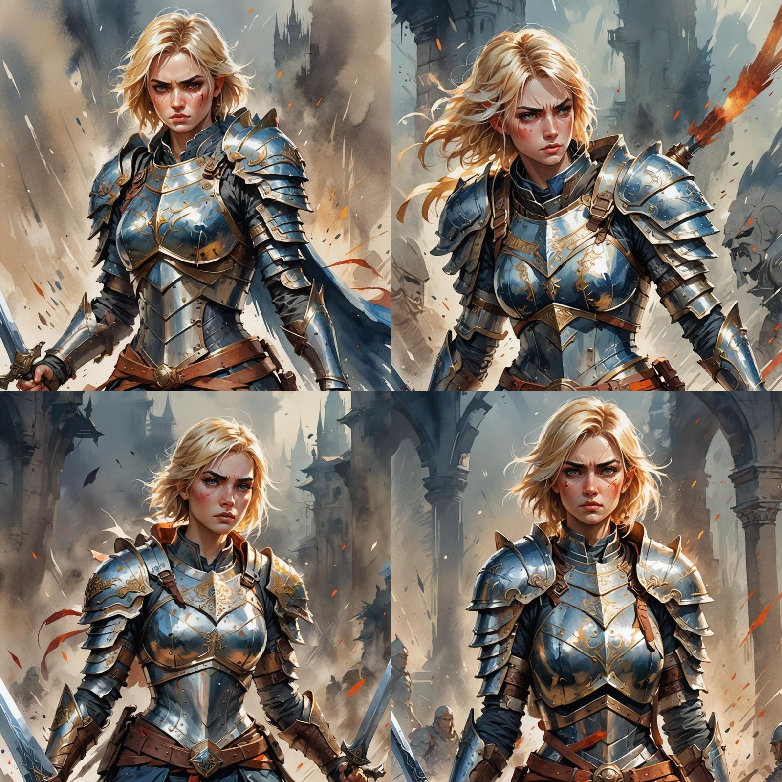 female aasimar warrior, heavy armor, short hair, angry expre...