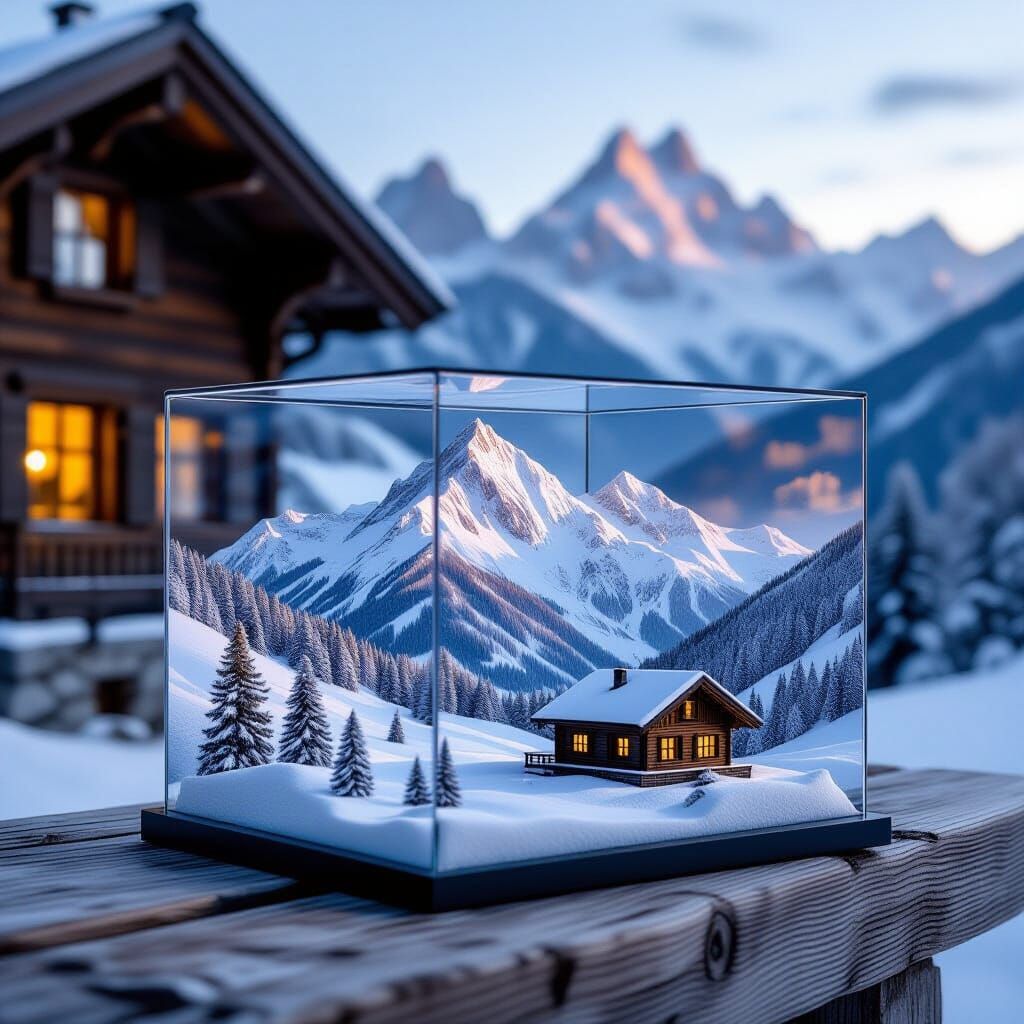 Alps Miniature in Glass Box, Realistic Landscape