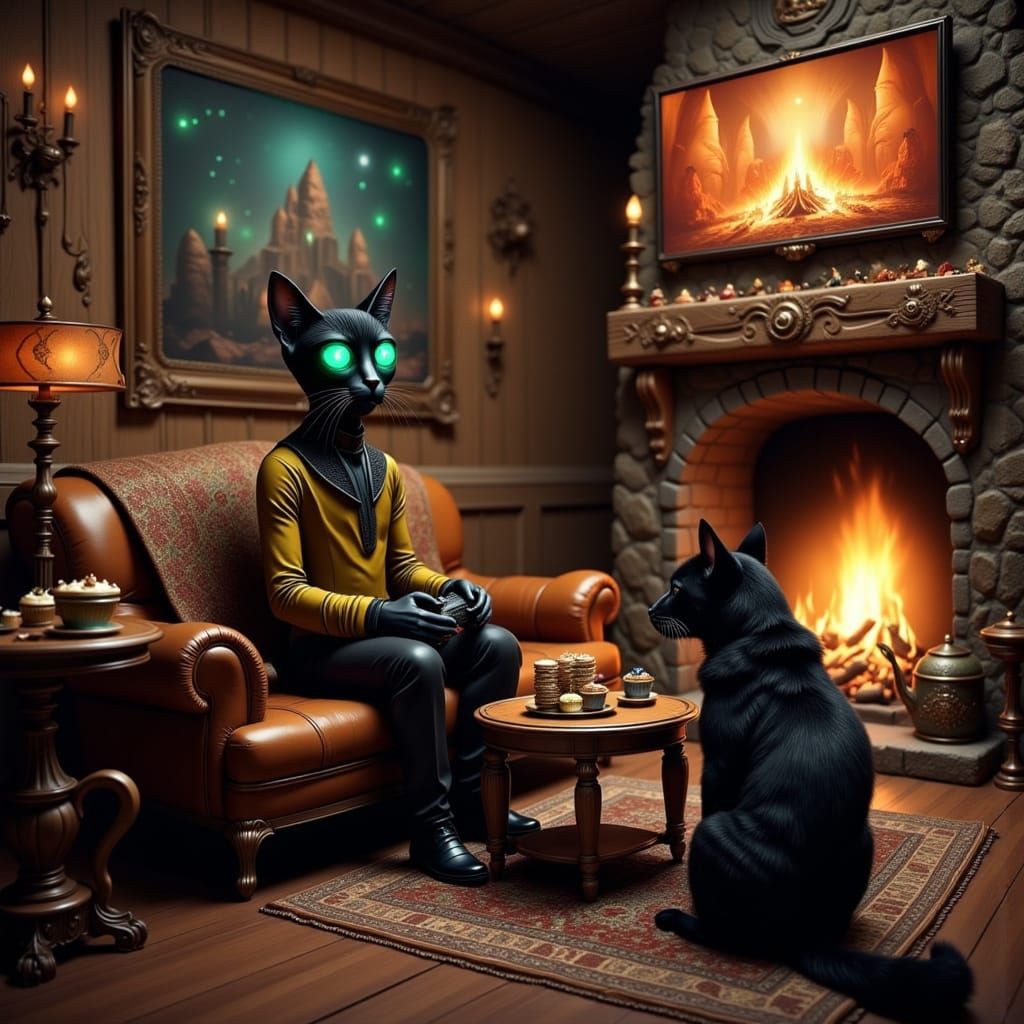 Anthropomorphic Cat as Spock Playing Video Games