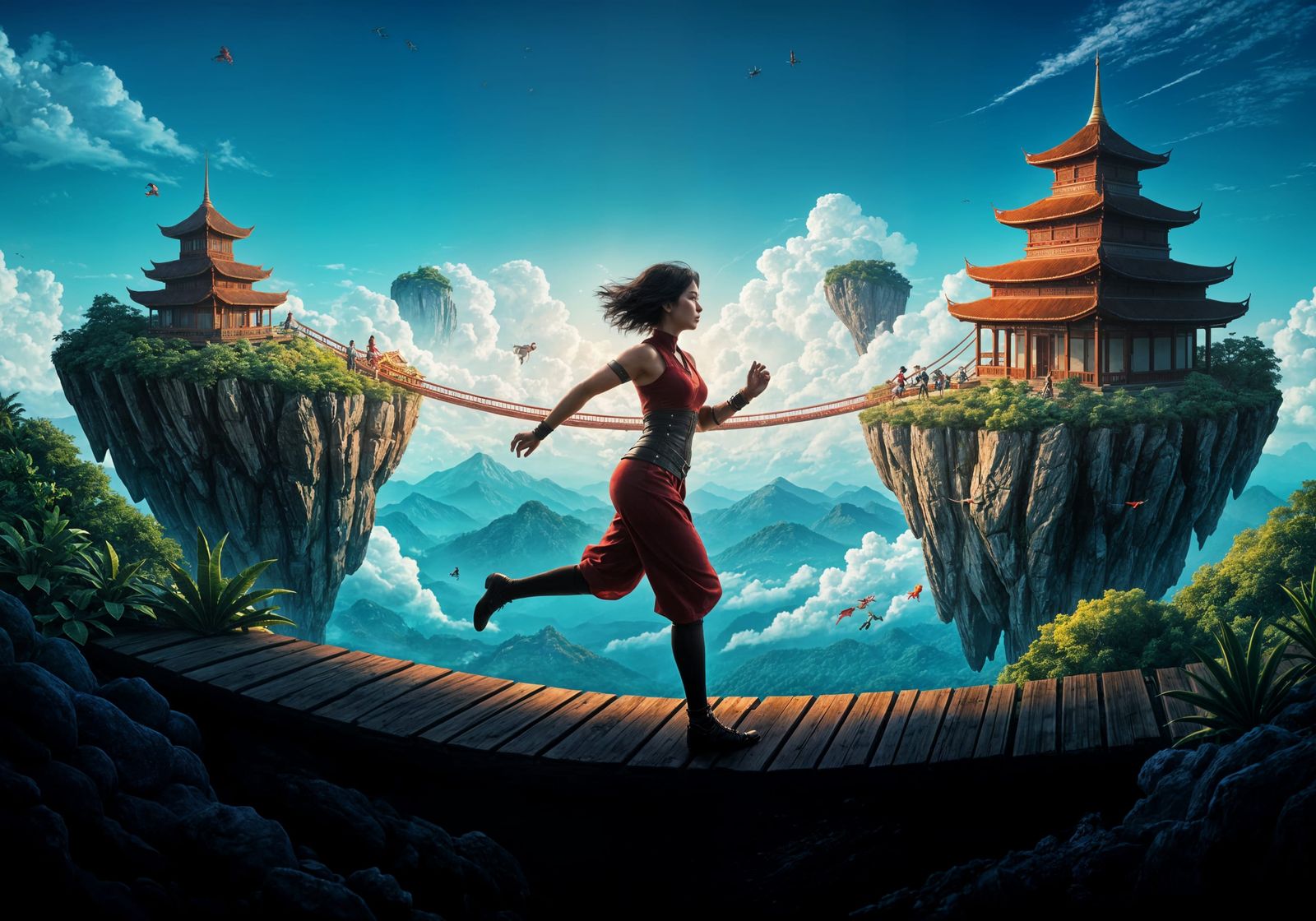 Thai Kunoichi Running Across Bridge Between Floating Islands