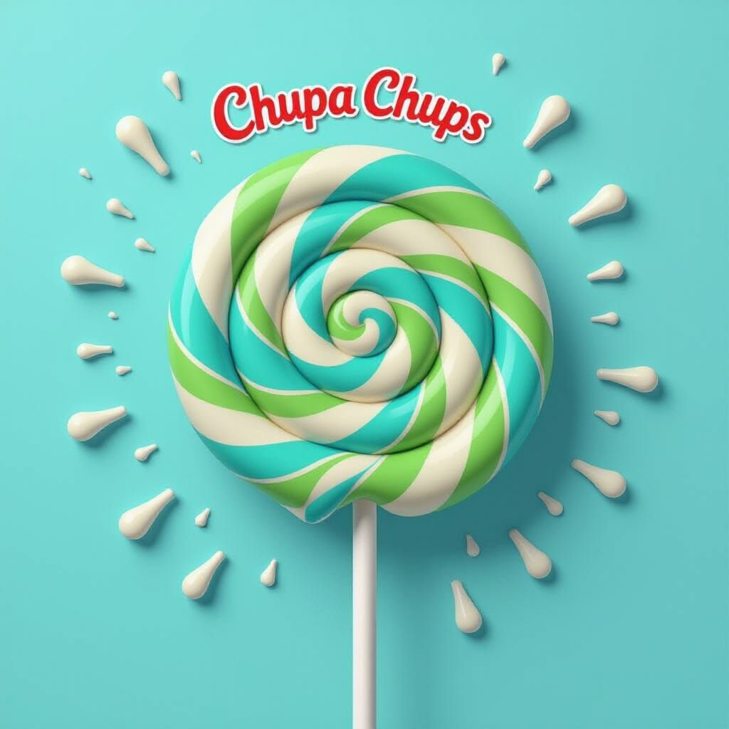 Lollipop Chupa Chups erupts from frame. A creamy green and a creamy blue texture with natural patterns as a background. Creative logo style....