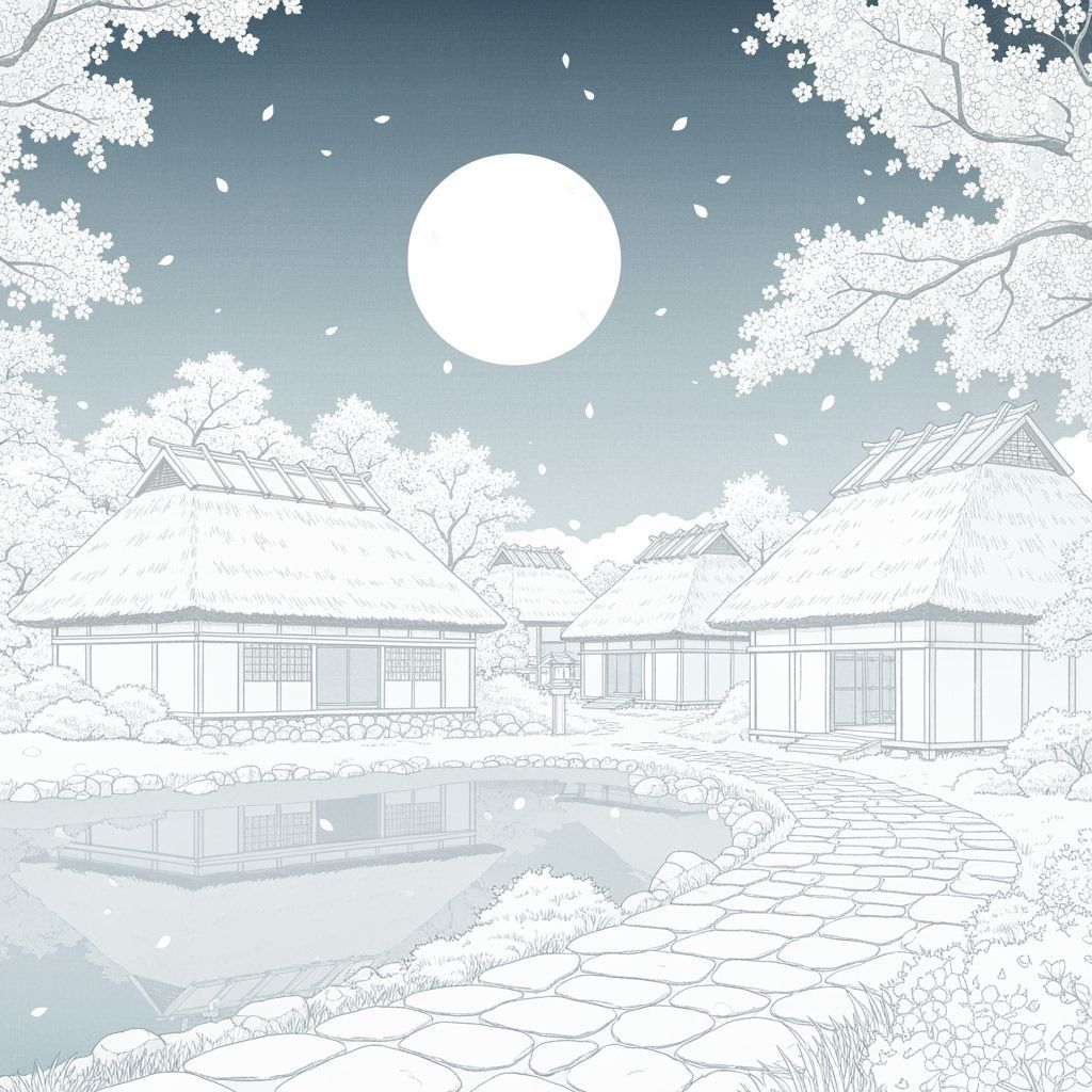 A serene Japanese village nestled beside a tranquil lake, bathed in the soft, ethereal light of a full moon. White cherry blossoms drift gen...