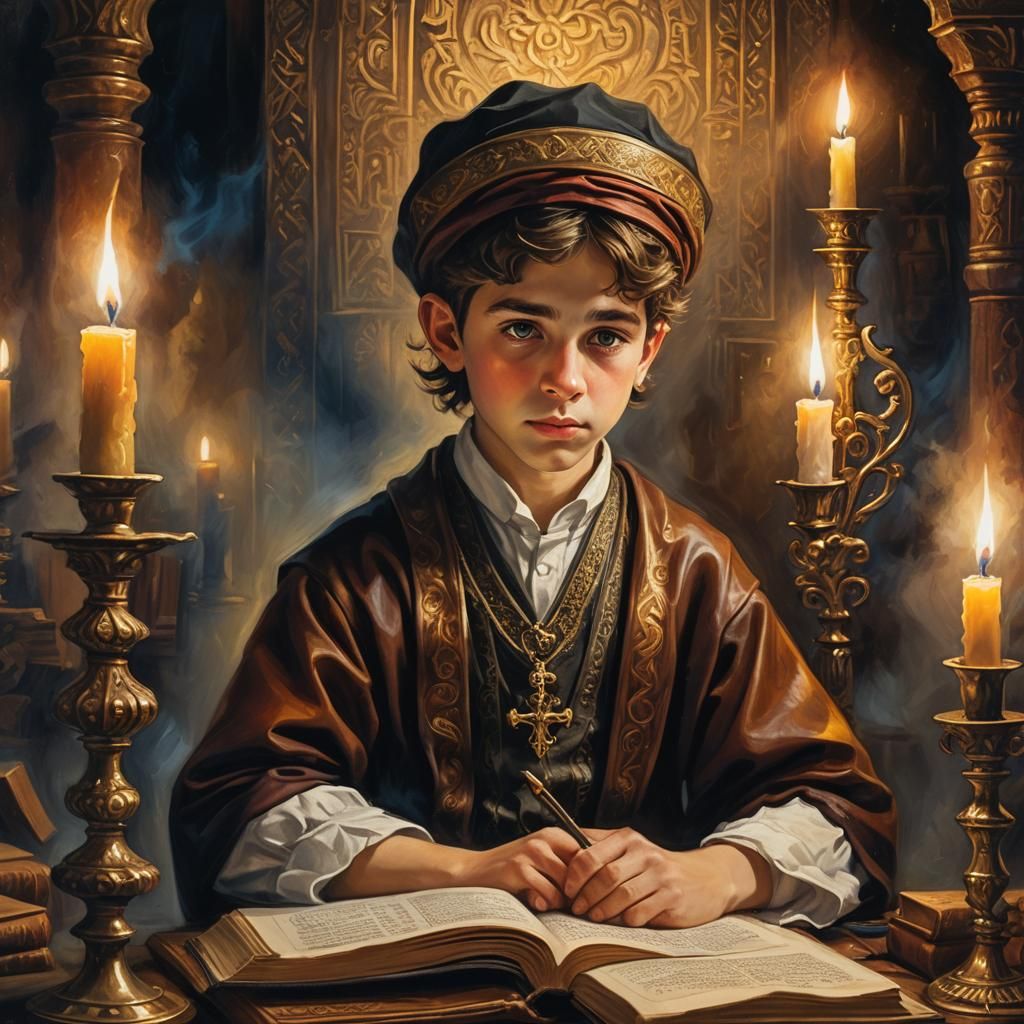 Young Haredi Boy Studies Torah as Baroque Oil Painting