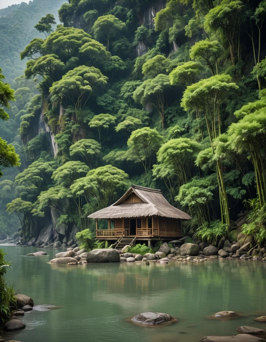 an images of wooden hut nestled among lush greenery and towe...
