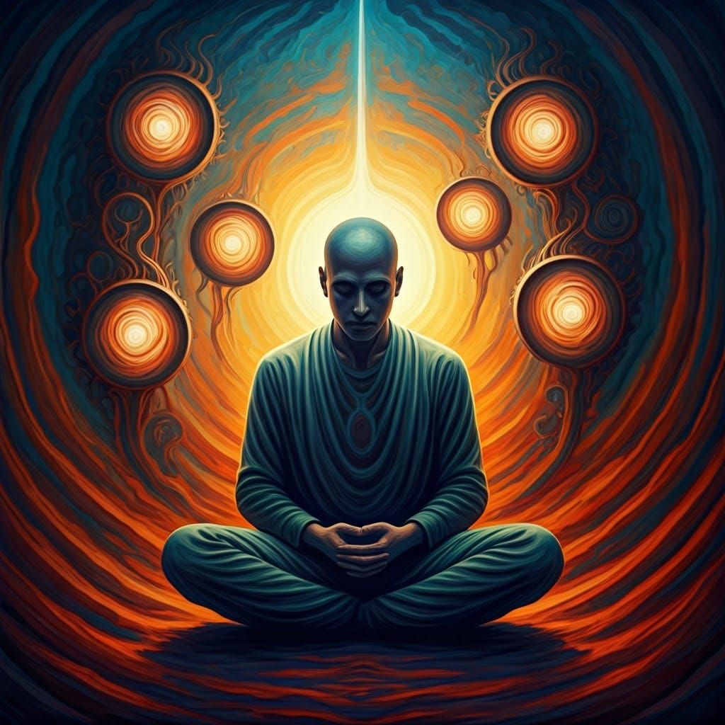 A Meditative Figure Surrounded by Glowing Orbs in a Dreamlik...