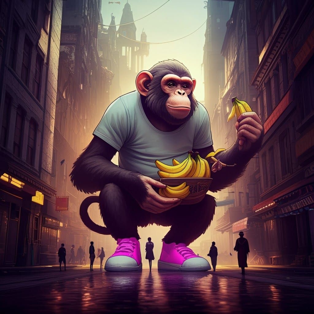 A giant monkey wearing T-shirt and pink shoes, hawking banan...