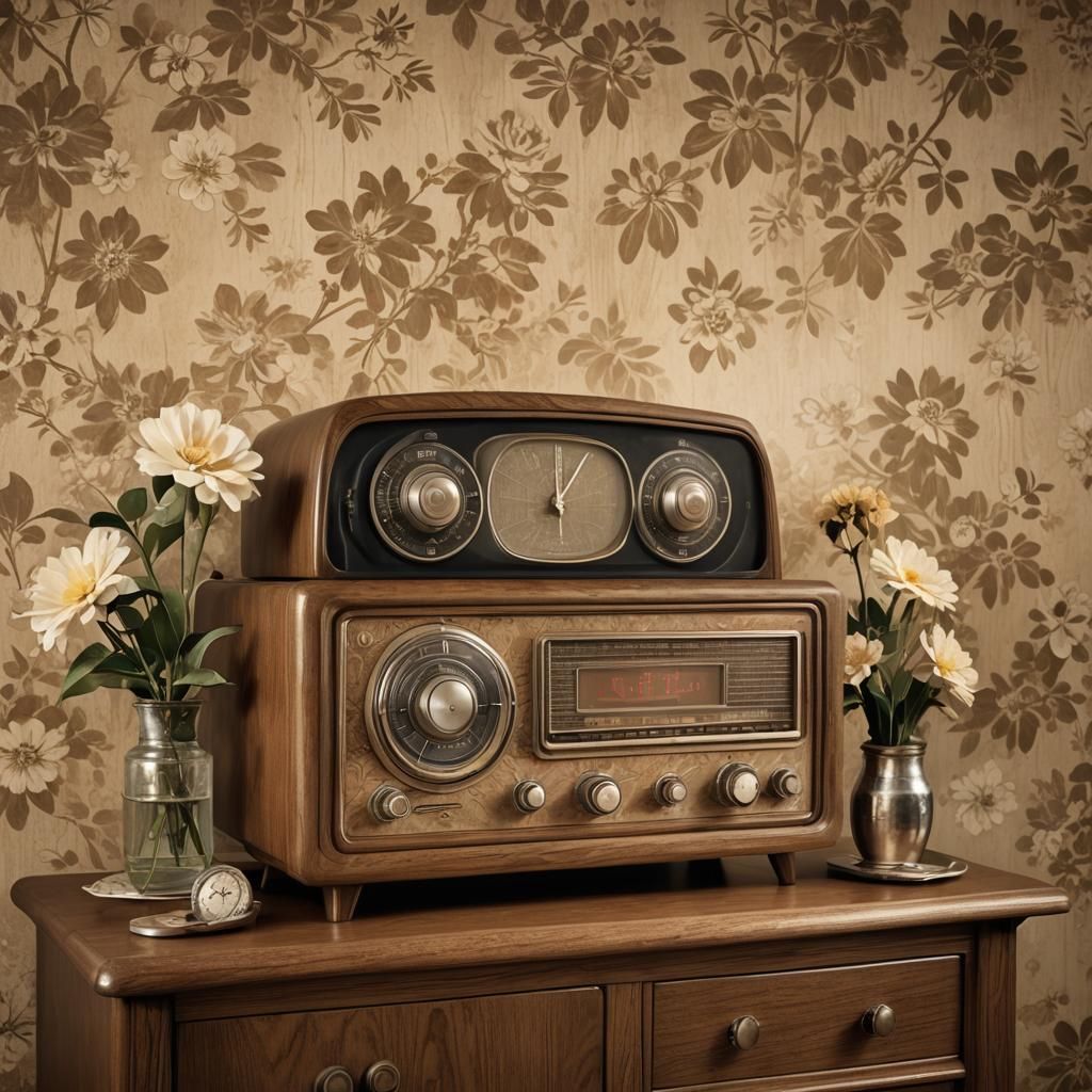 1950s retro radio perched atop an aged oak sideboard, fading floral wallpaper background, sepia-toned ambiance, patina f...