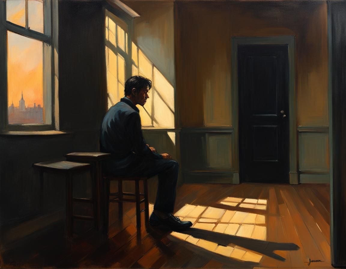 A dark empty room, a sad black-hair man sit in the corner, beautiful dramatic lighting, early dusk, cinematic, perfect c...