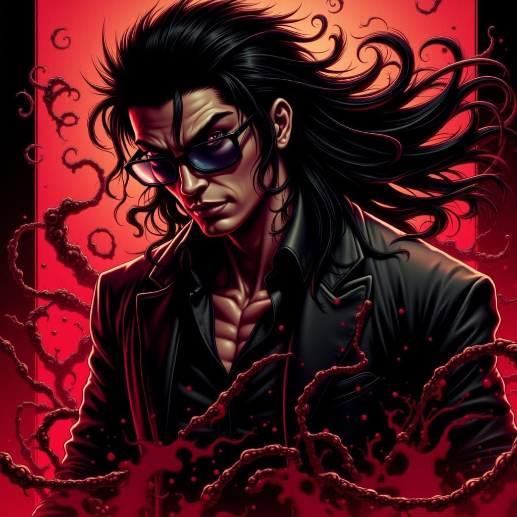 A Yakuza man with chiseled, muscular features and long hair flowing in the back, posing dramatically in a Bishounen style. He wears sleek gl...