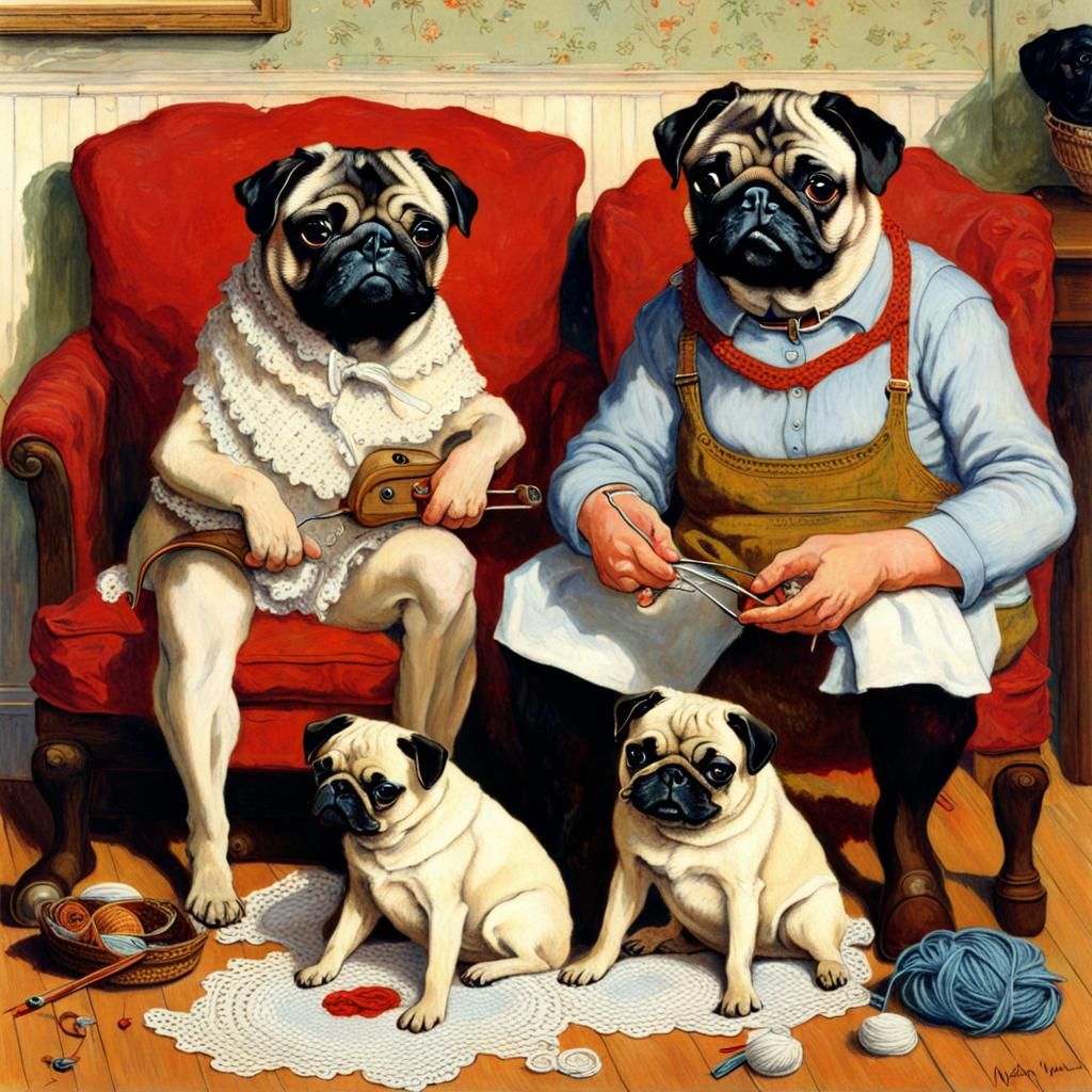 pugs helping with crochet, by Norman Rockwell