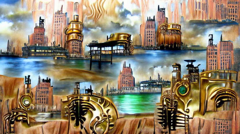 Art Deco Steampunk Cityscape with a waterfront