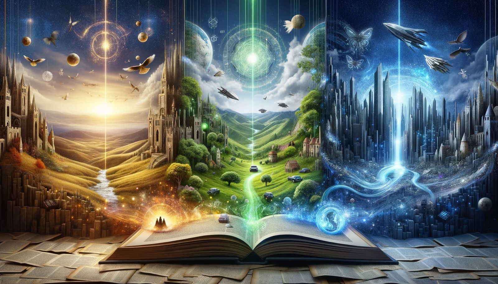 A magical scene where an open book transforms into a triptych of three connected worlds representing ...  by @KomBib