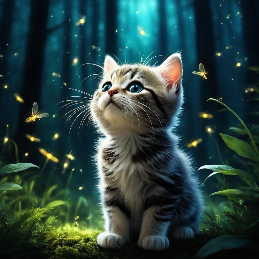 Curious little cute kitten intrigued by Fireflies
