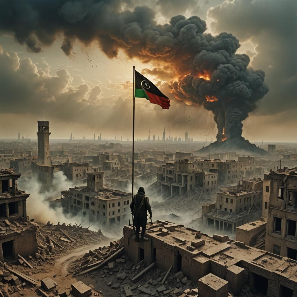 Dystopian Cityscape with Flag, Surreal Art