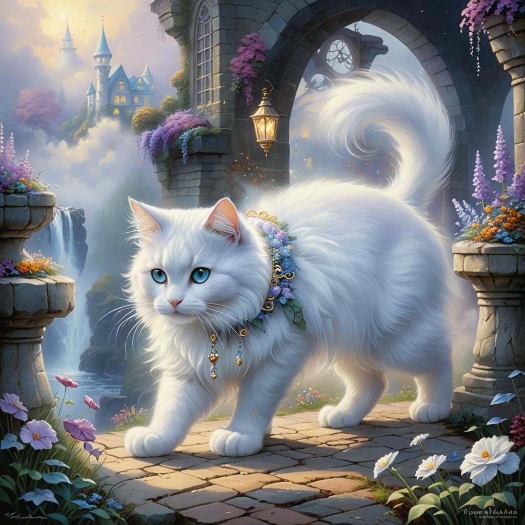 Eine weiße Katze mit langem Haarkleid , spielt mit Schmetterlingen. ethereal fantasy hyperdetailed mist Thomas Kinkade