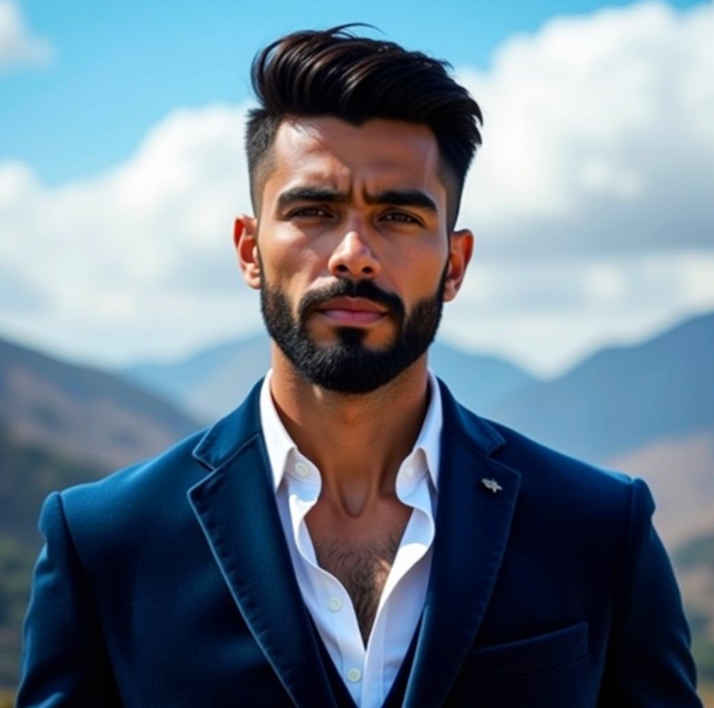 A handsome man with   black  beard   wearing  a   blue  velv...