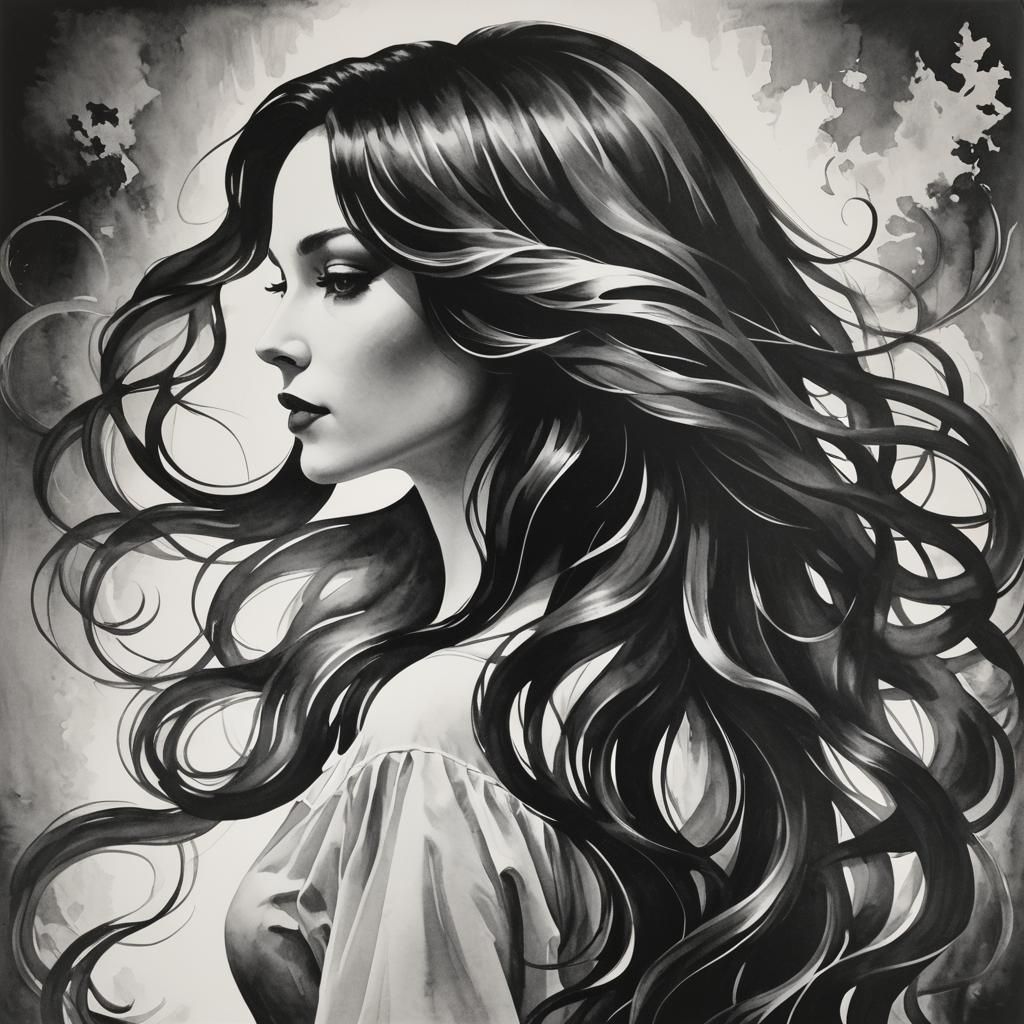 Black and white silhouette of lady with long flowing hair