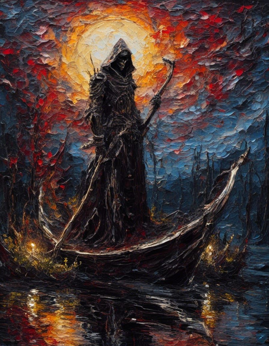 <lora:Impax:1.0> complex Grim reaper by the moonlight  ,thick impasto portrait , Hard traces, reflective lake, starry night