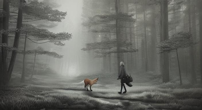 girl and fox walking in a serene mystical forest