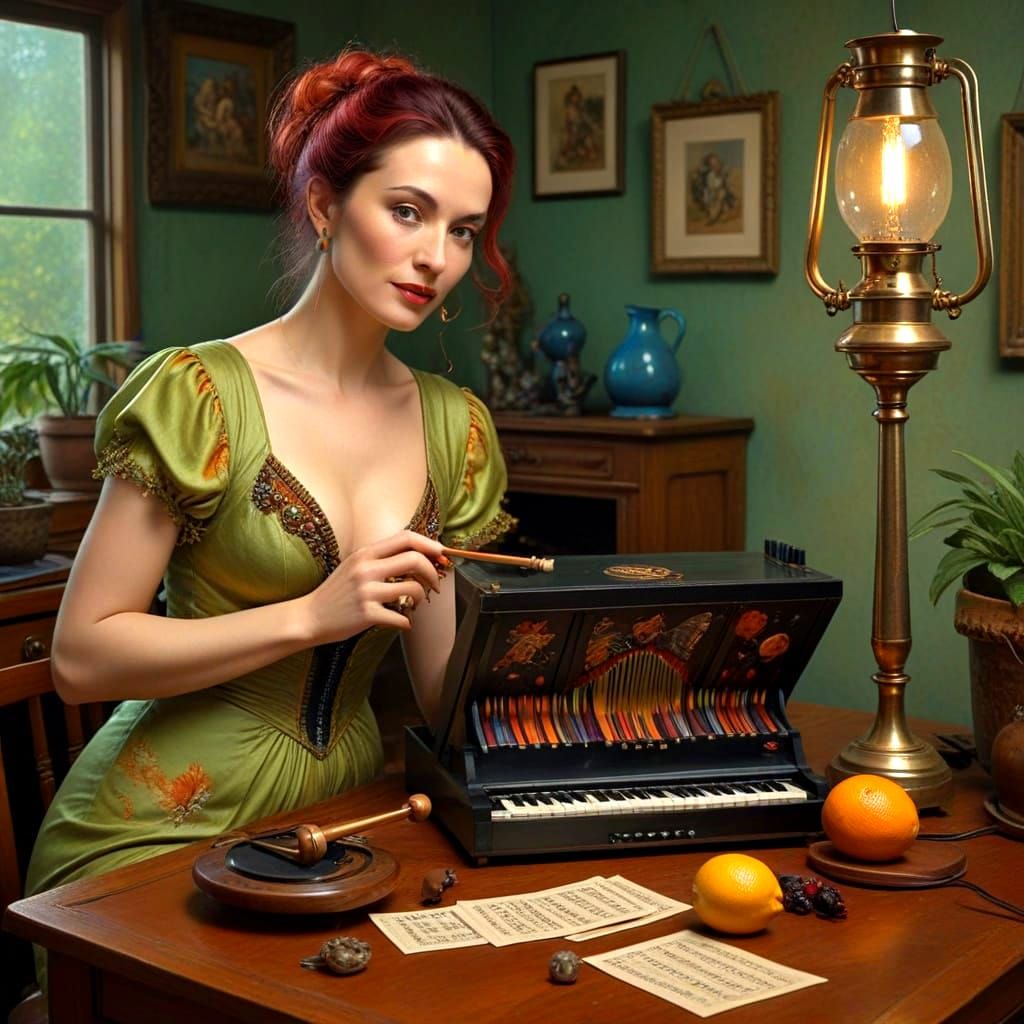 Surrealistic Lady Musicians in Vibrant Scenes