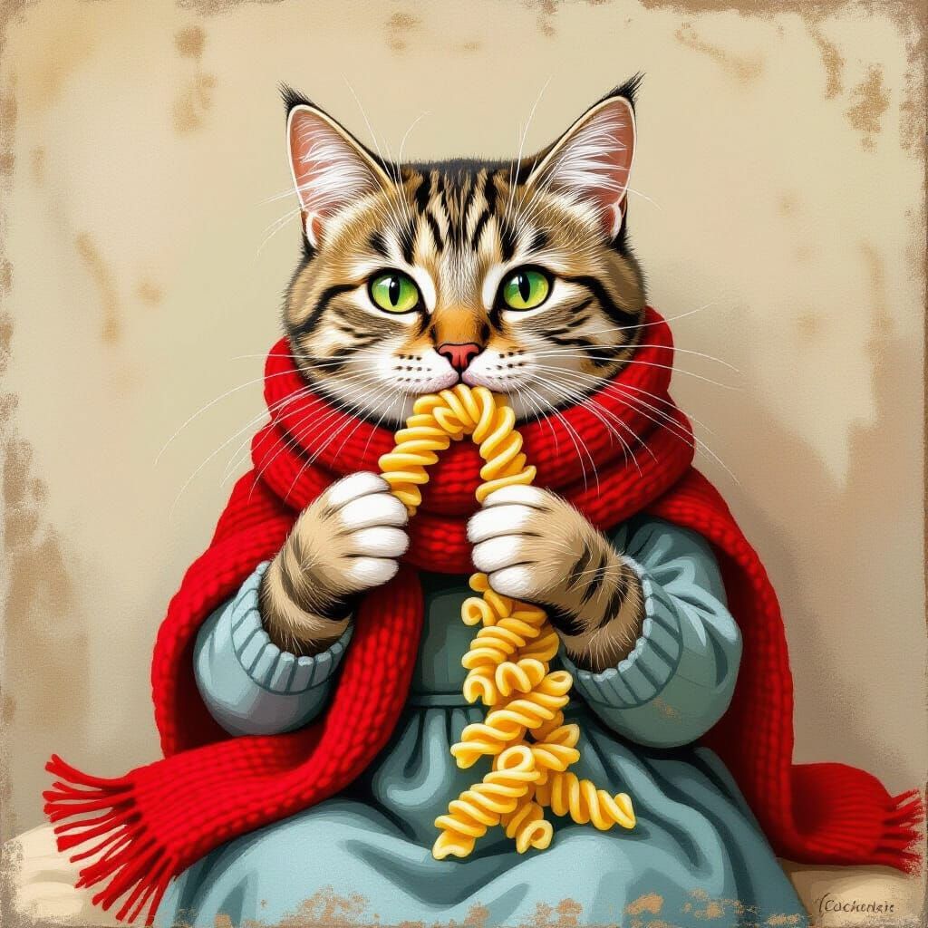 Cat Knitting Scarf with Macaroni, Naive Folk Art