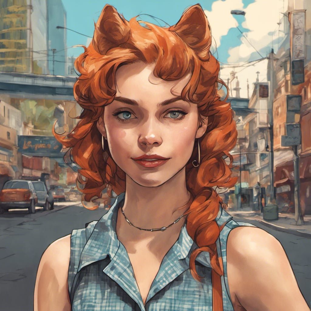 Adorable ginger Foxgirl VIXEN, wearing a blue plaid Women's Boatneck