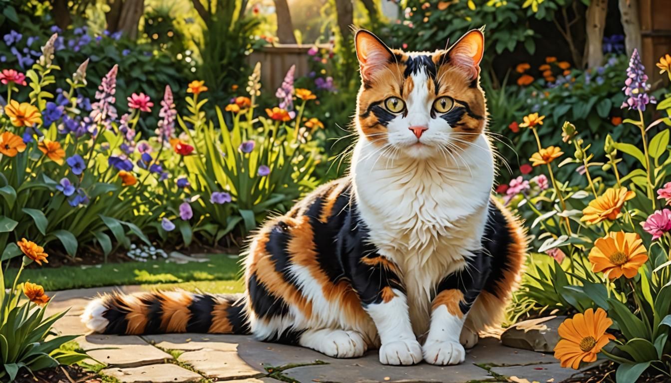 Playful Calico Cat in a Sunlit Garden

Description:

Imagine...
