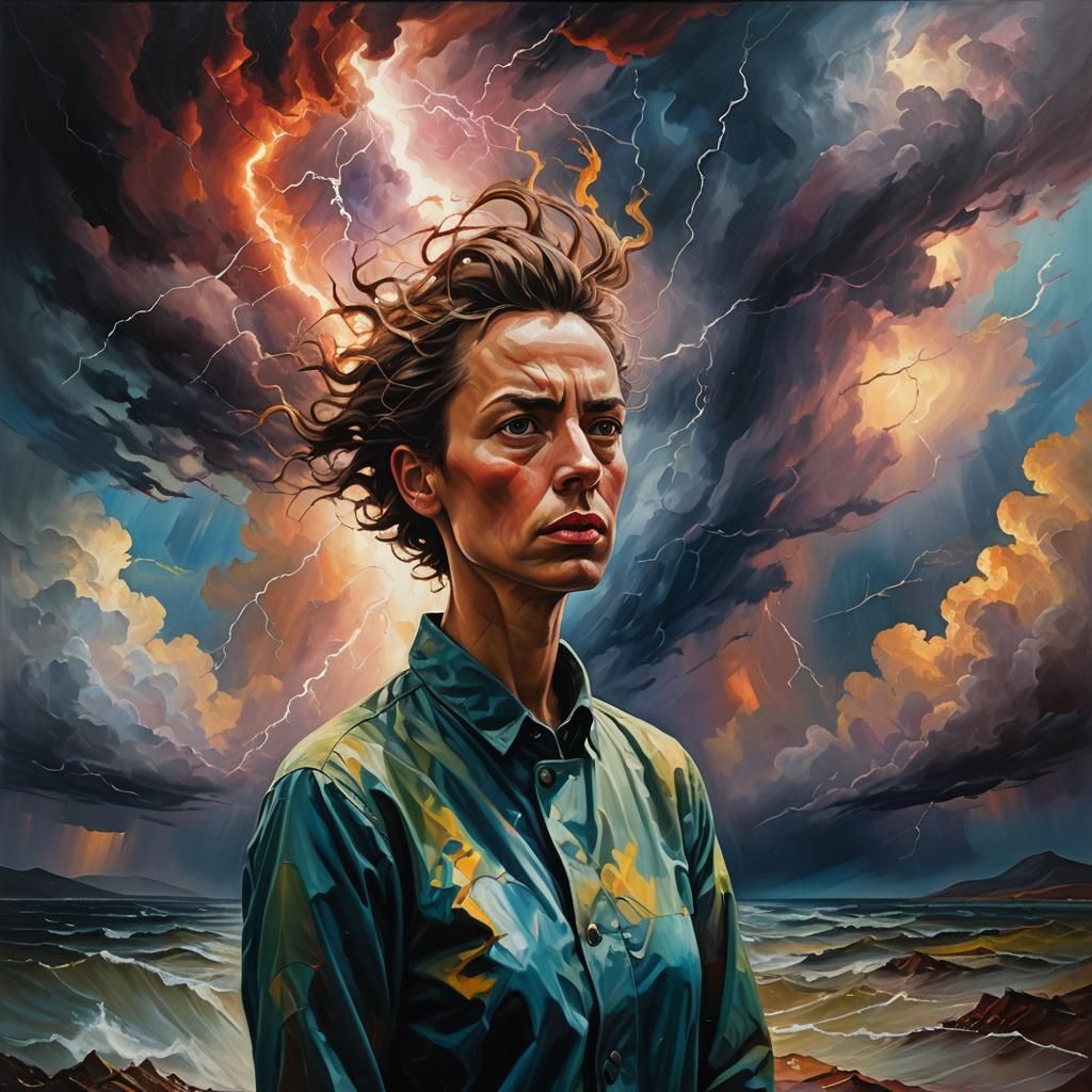 Surreal Portrait of a Resilient Person in Stormy Weather