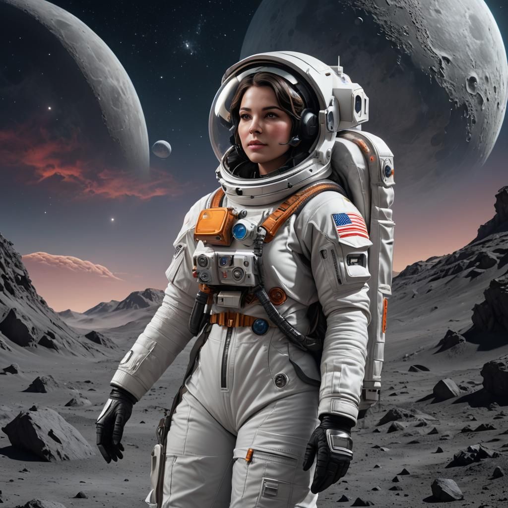 022 A beautiful female astronaut wearing a white spacesuit o...