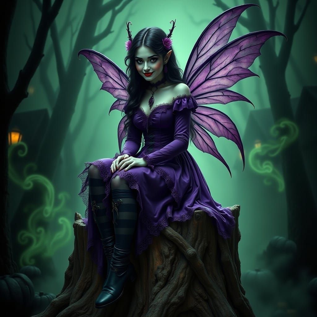 Victorian gothic  purple fairy sitting on a stump in the haunted forest <lora:Halloween Fairies:1.0> 