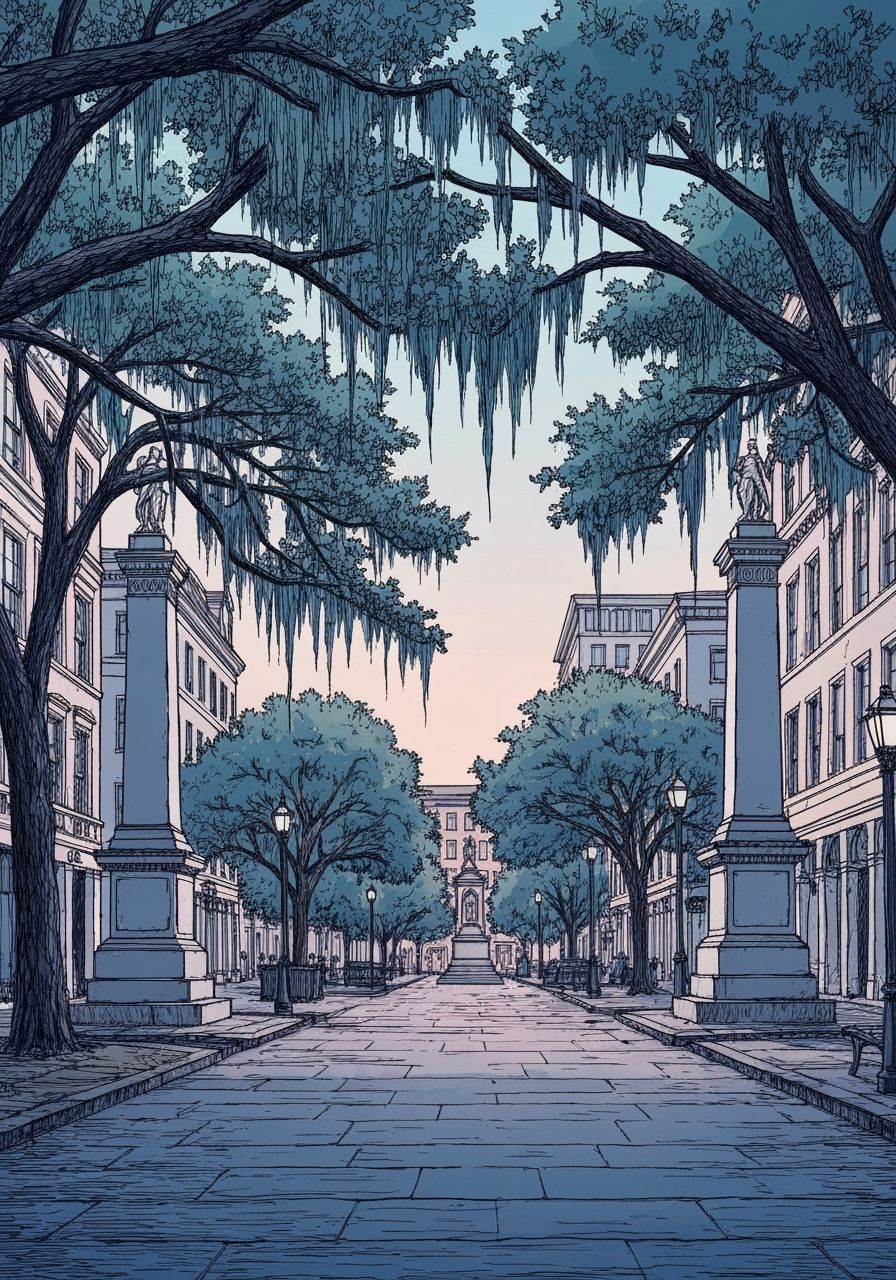 An ultra-detailed abstract illustration in sketchbook style, Savannah's famous squares, showcasing the unique beauty and charm of these gree...