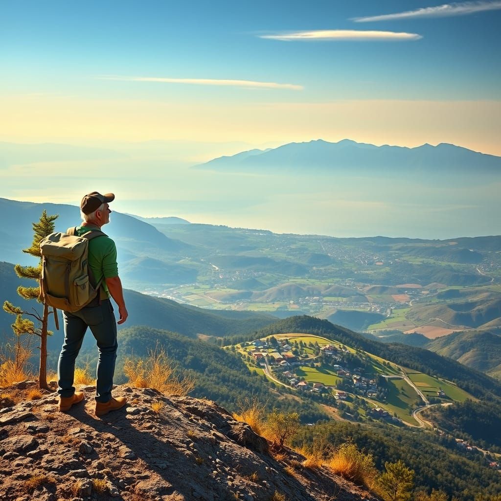 Backpacker Surveys Village Below from Windswept Hill