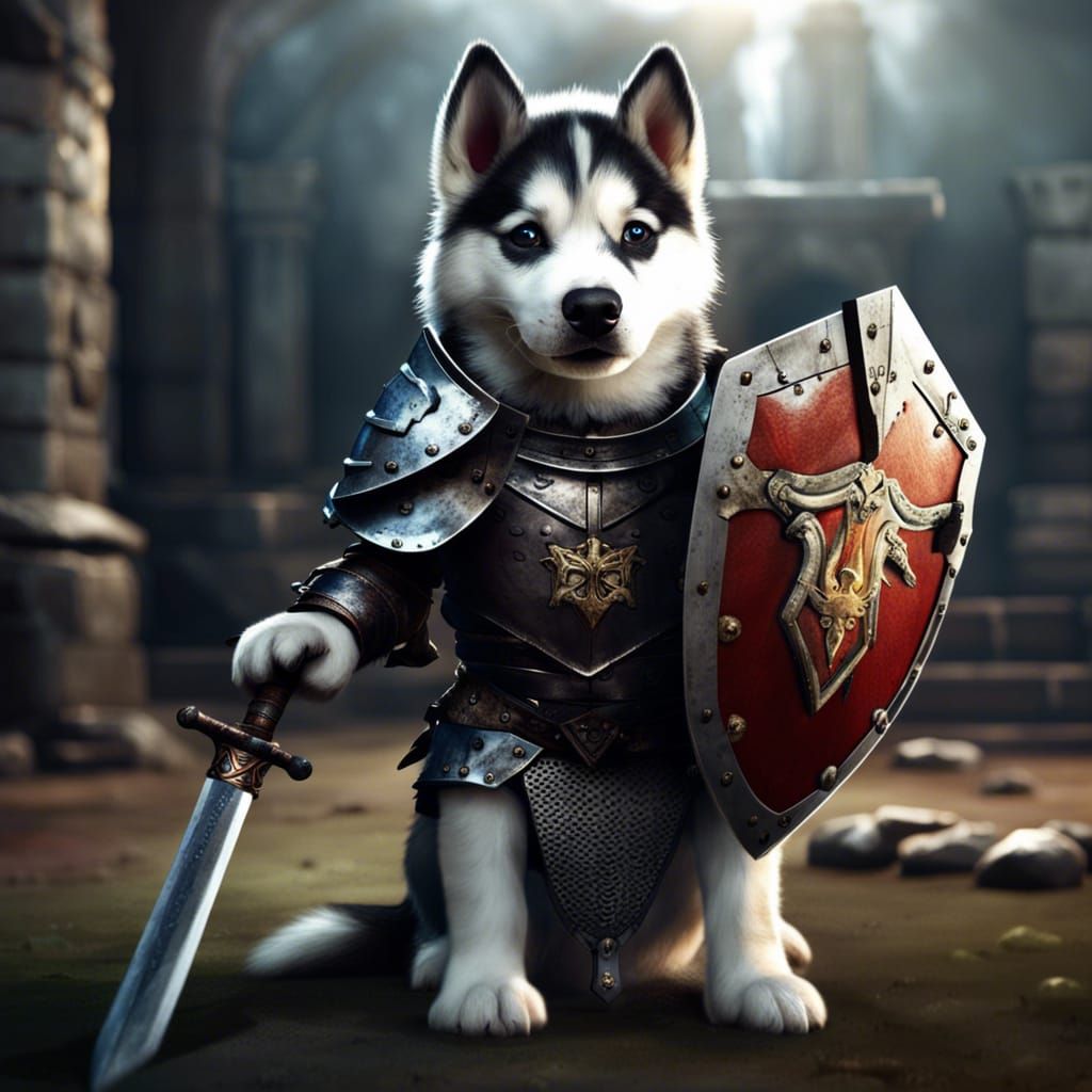 Huskie puppy in knights armor with sword and shield. - AI Generated ...