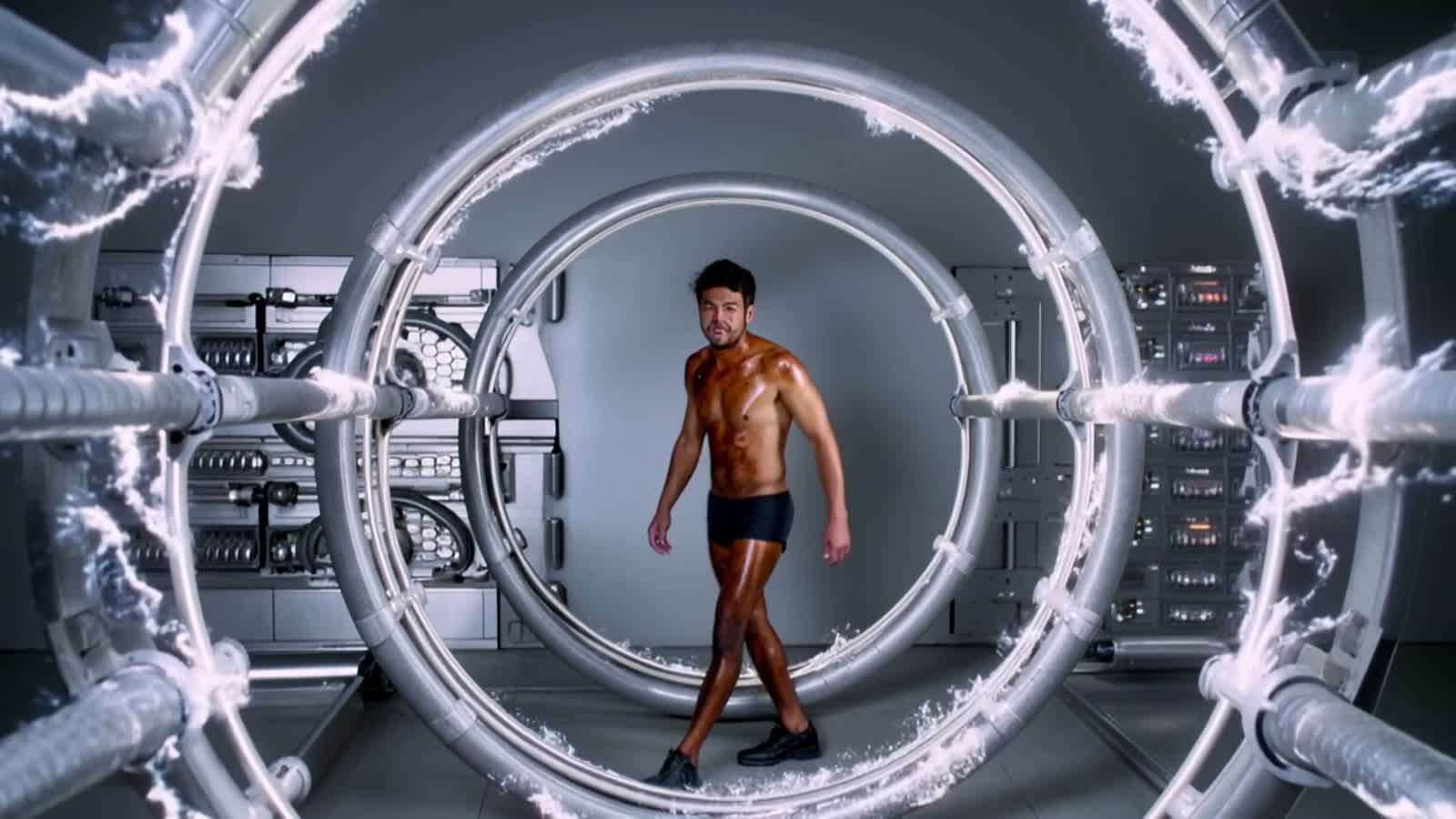 Walking through a faraday cage at full electromagnetism settings. frying to a crisp with a huge unnatural smile. shiny w...