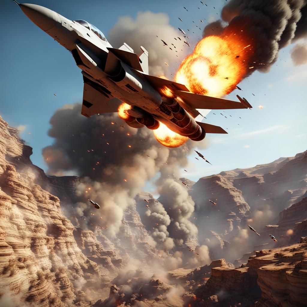 fighter jet, slightly on fire, flying through an exploded, b...