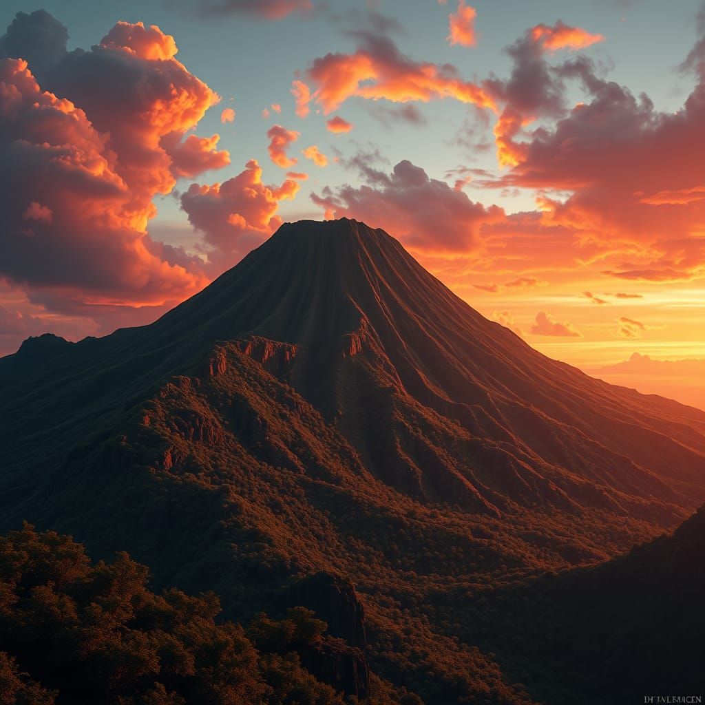Lush Volcano at Fiery Sunset: Matte Painting