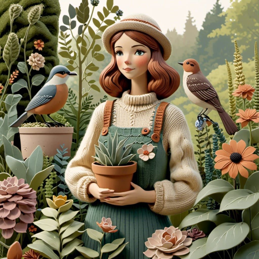 A lady holding a potted plant, looking at a bird