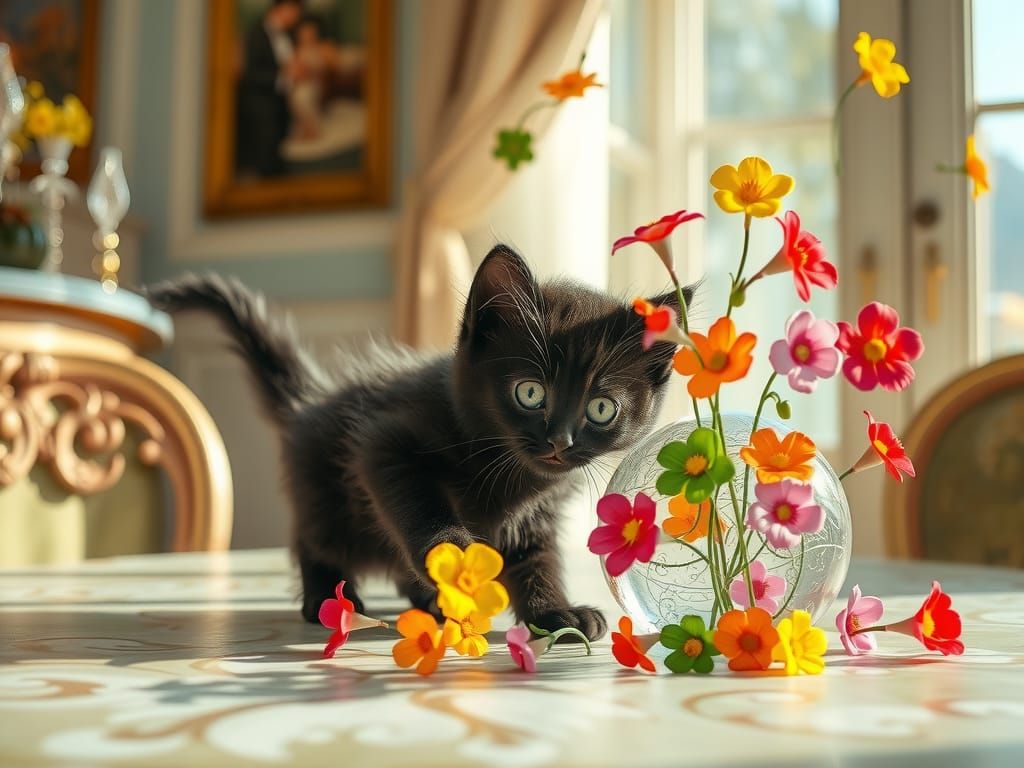A playful black kitten pushes a vase off the table, plastic flowers spill out in midair