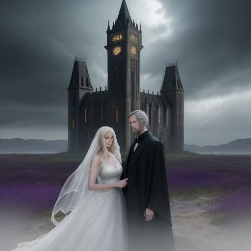 Portrait of a translucent misty ghost couple. She has golden hair, and striking purple eyes, standing next to a tall, elegant man with dark...