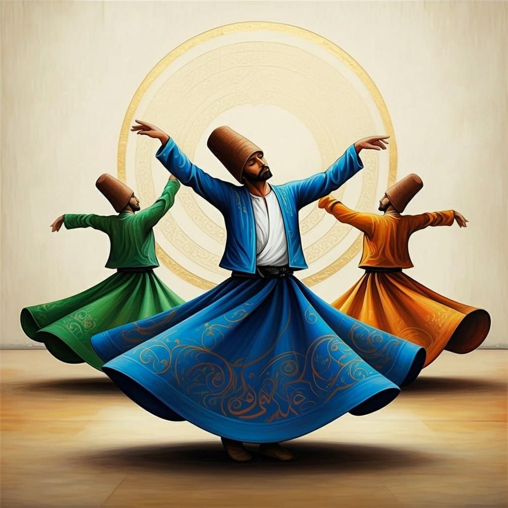 Three abstract dancing dervishes wearing skirts each in a co...