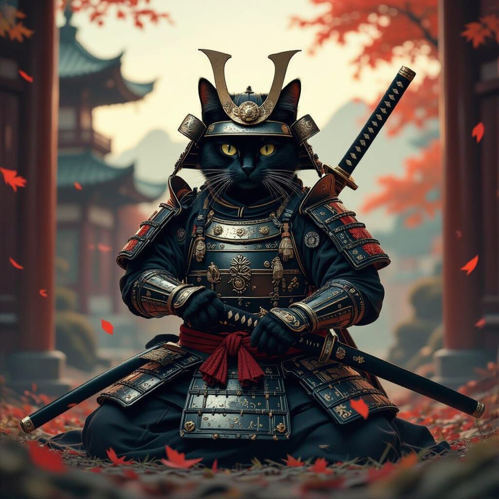 black cat in Samurai armor with katana in Japanese style 