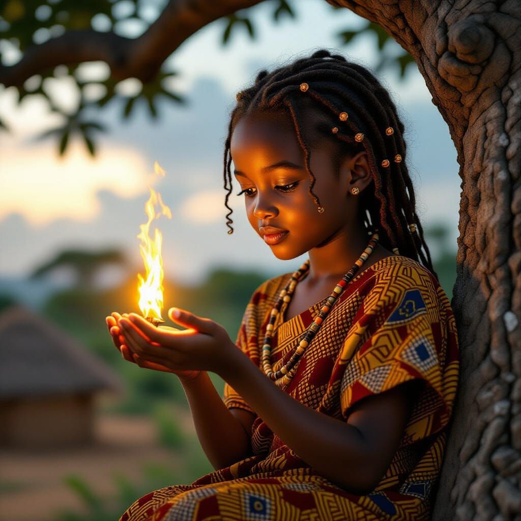 A star-spirit extends its glowing hand, placing a tiny golden flame into an 11-year-old African girl, deep brown skin, slim build, bright cu...