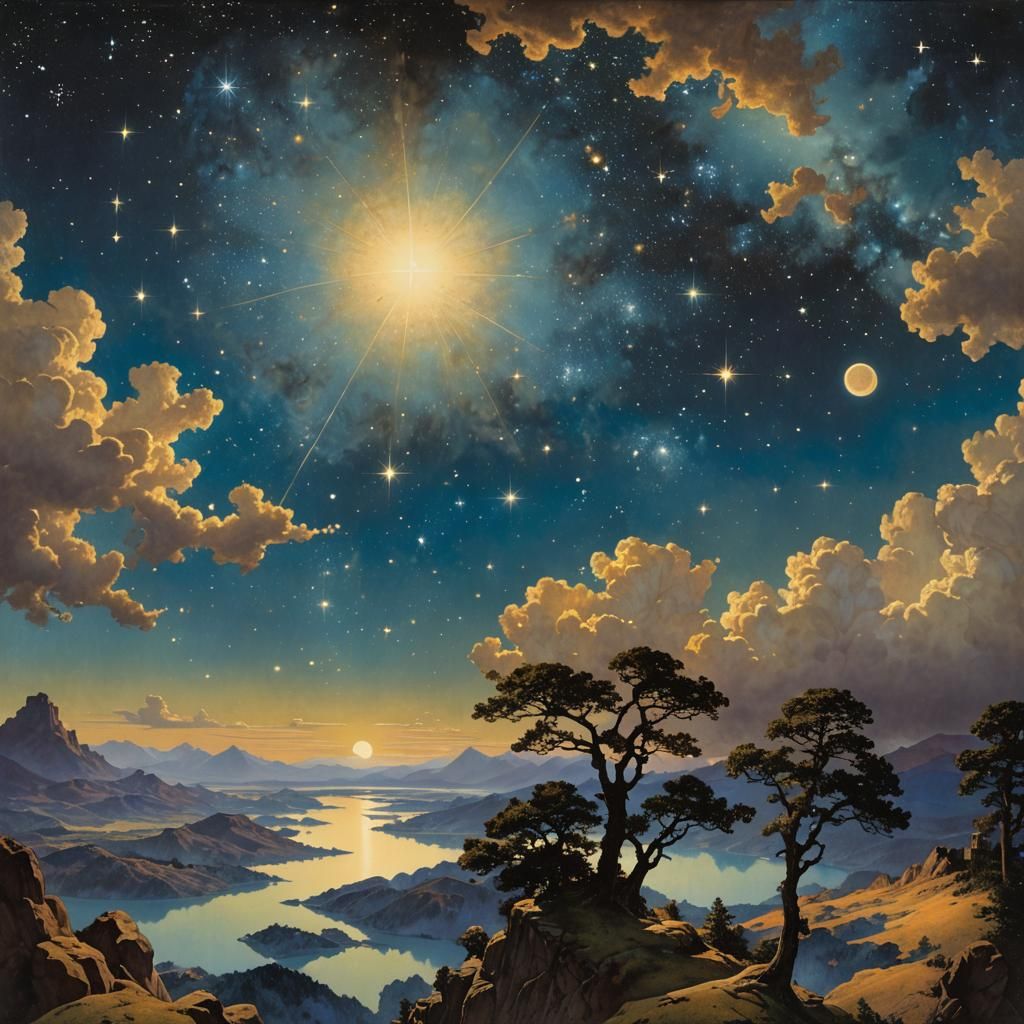Maxfield Parrish panting of a breathtaking panoramic view of the cosmos, showcasing the awe-inspiring ...  by @Twinkletoast