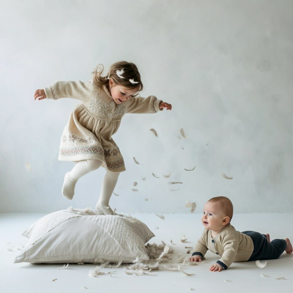 Whimsical Winter Playtime Scene in Folk Art Style