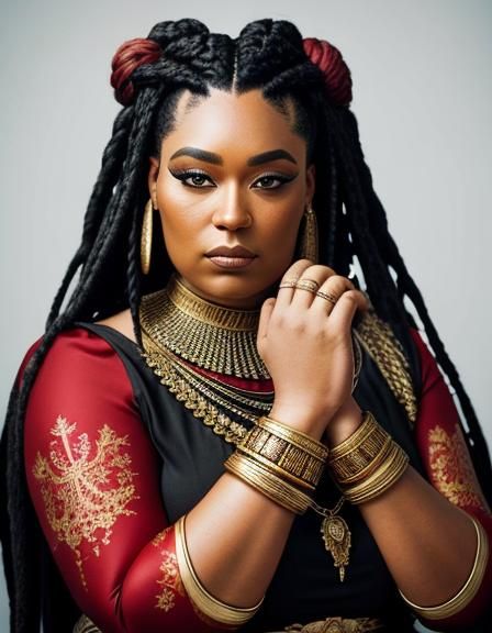 Black woman,with black braids,dressed in white,red and gold ...
