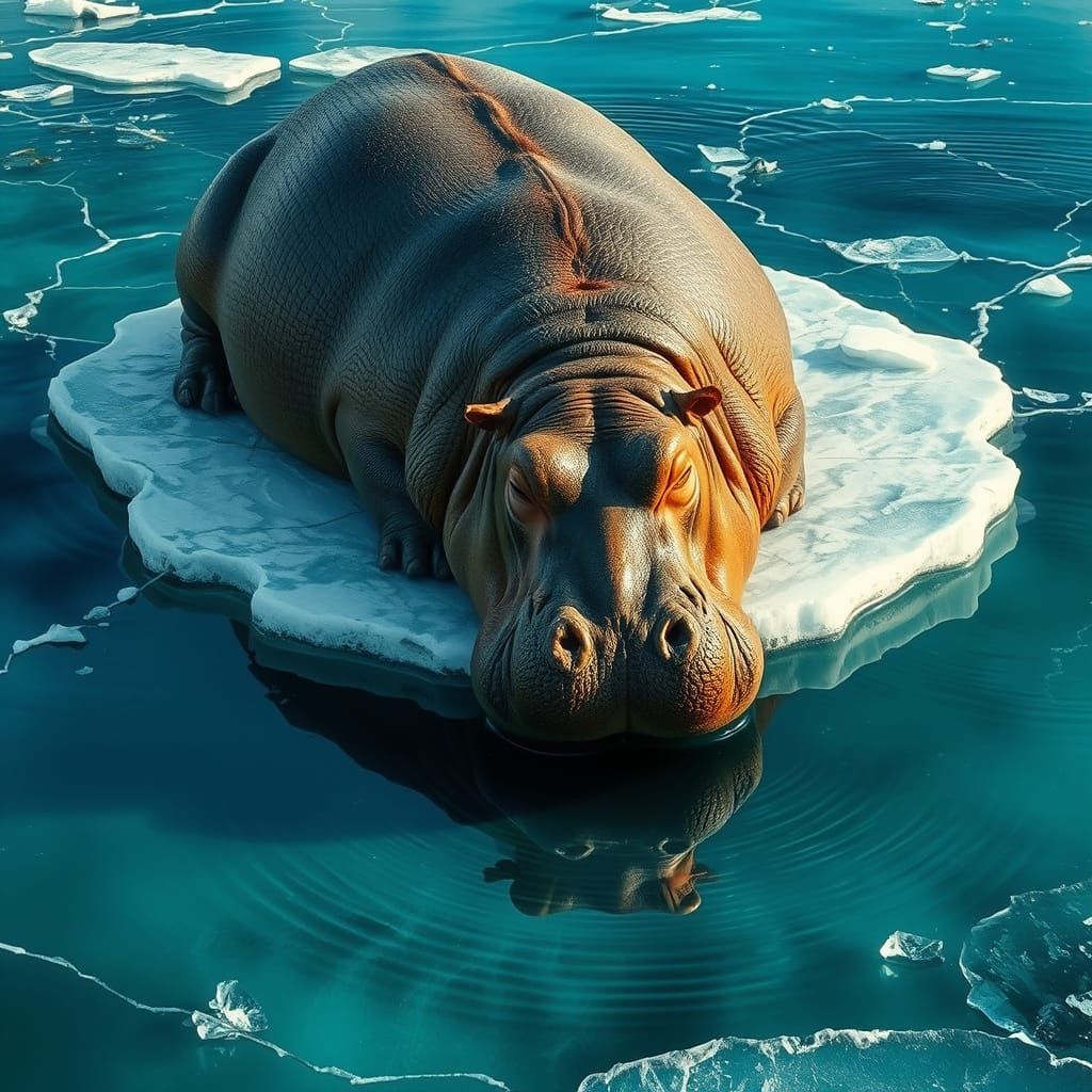 Green Hippopotamus on Ice Floe in Cinematic Realism