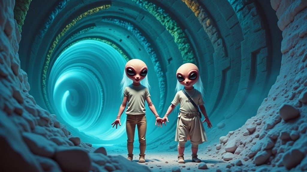 Two aliens trying to blend in as humans, standing in line for concert tickets . The line is long and filled with punks and metal heads. Huge...